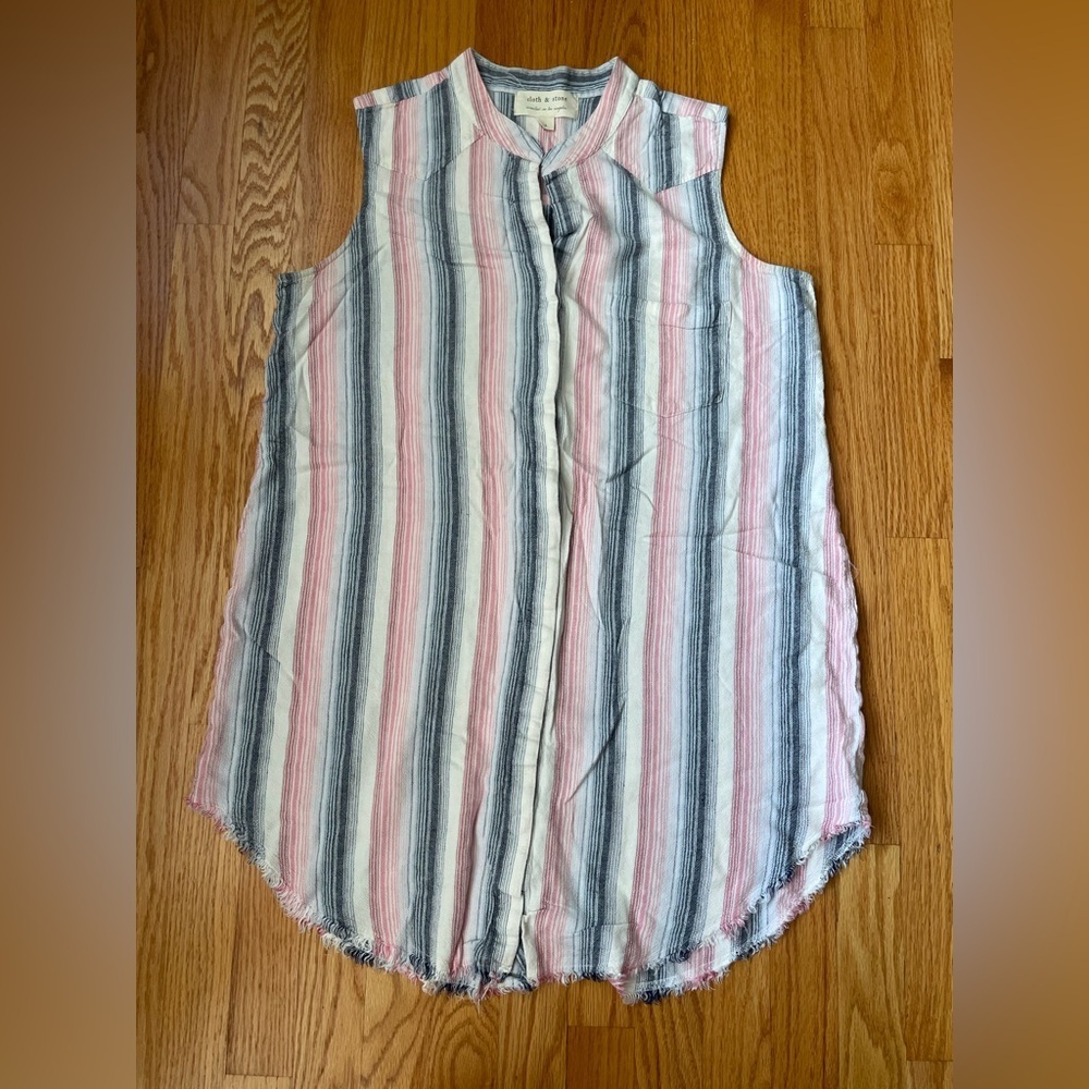 Cloth & Stone Linen Blend Striped Sleeveless Button-Down Shirt Dress